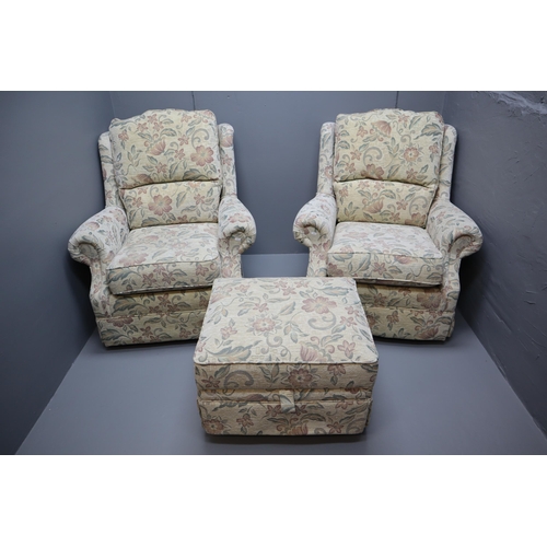 729 - A pair of conservatory chairs and poofe, very comfy (37H x 34W x 35D) Easy to remove covers for wash... 