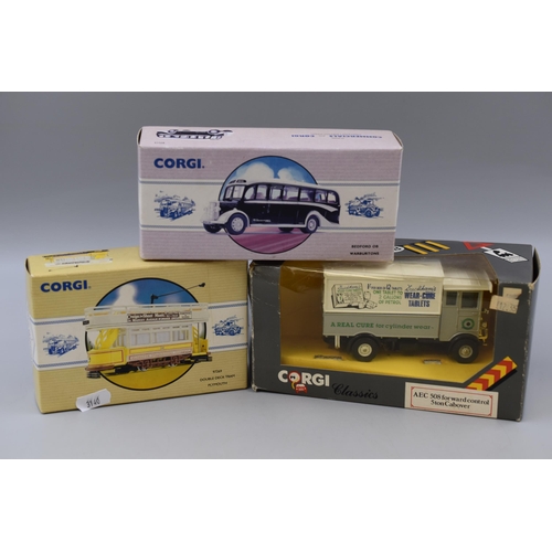 243 - Three Boxed Corgi Die Cast Vehicles To Include Classic Commercials Bedford OB Warbutons, Classic Pub... 