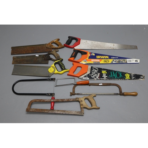 744 - Large selection of saws to include 3 tennon saws, 3 long wood saws, 13