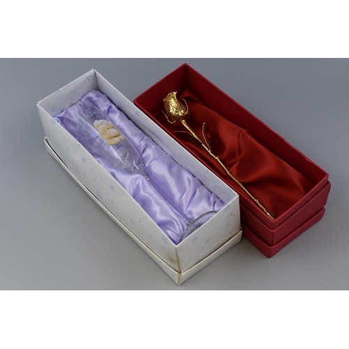 819 - 24K Gold Styled Dipped Real Rose in Red Velvet Box and Forever Friends 21st Birthday Champagne Flute... 