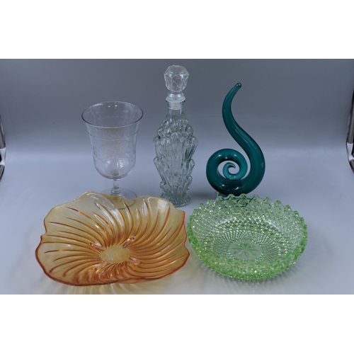 915 - Five Pieces of Glassware To Include Victorian Etched Glass Celery Vase, Blue Glass Spiral Artpiece, ... 