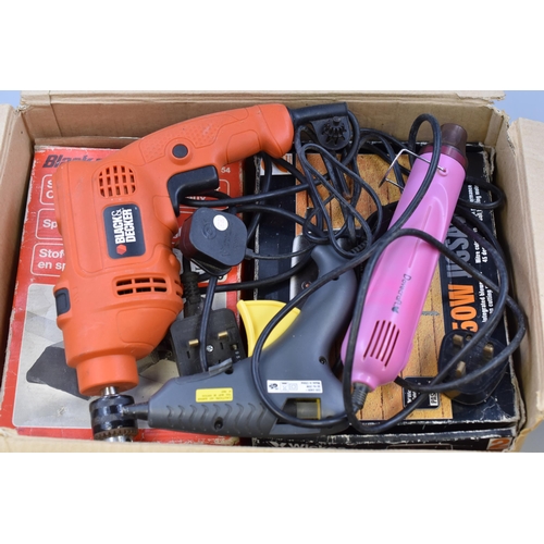 692 - A Selection Of Various Power Tools and Accessories To Include Wickes 350w Jigsaw, Black & Decker... 