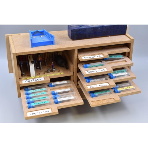 813 - A Selection of Drillbits In Handmade Wooden Desktop Shelving Unit, Includes Engraving Bits, Down Cut... 