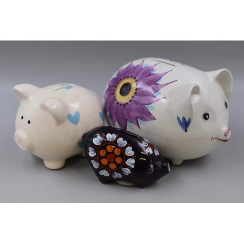 496 - Three Vintage Ceramic Piggy Banks To Include Handpainted. Largest Approx 5.5