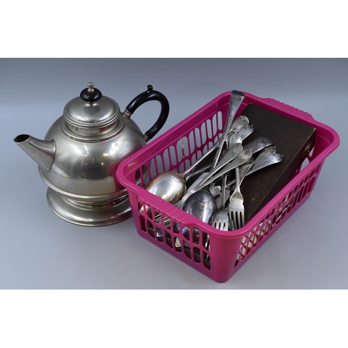 906 - A Selection of Assorted Silver Plated Cutlery, With Silver Plated Teapot