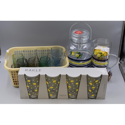 913 - A Selection of Collectable Coca-Cola Glasses, With Lemonade Dispenser, Pitcher and Glasses