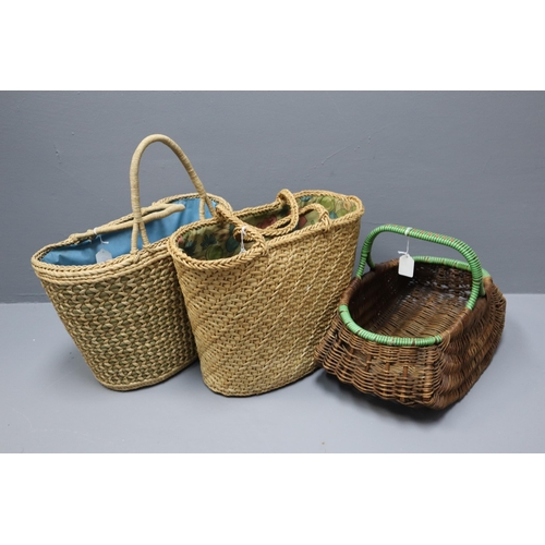 941 - Vintage Rattan Picnic Basket with two Wicker Lined Shopping Bags