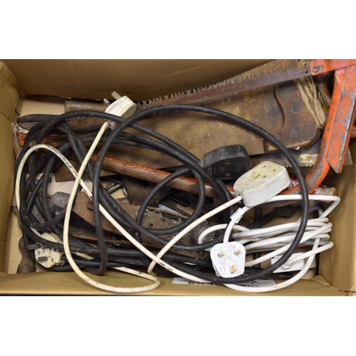 953 - Box of vintage tools to include, Hedge trimmers, various spanners, chisle, roofers axe, stanley numb... 