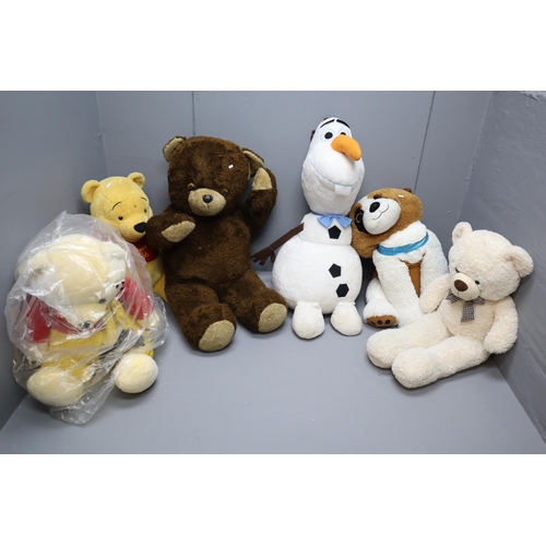 993 - Mixed Lot of Six Large Teddies to include Disney's Frozen Olaf Soft Toy, Approx 39