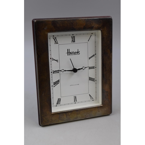 11 - Hallmarked Sheffield Silver Cased Harrods Mantle Alarm Clock with Mahogany Back