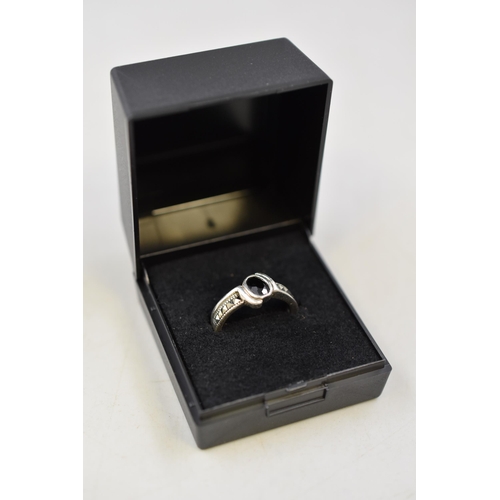 30 - Silver 925, Black stoned Ring Complete with Presentation Box (Size L)