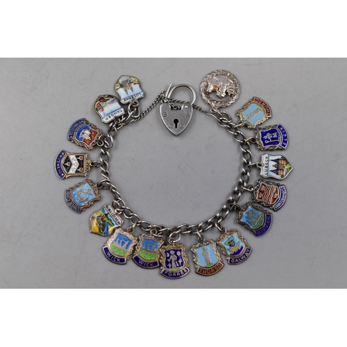 34 - Hallmarked Birmingham Silver Padlocked Clasped Chain with 17 Silver enamelled Charms