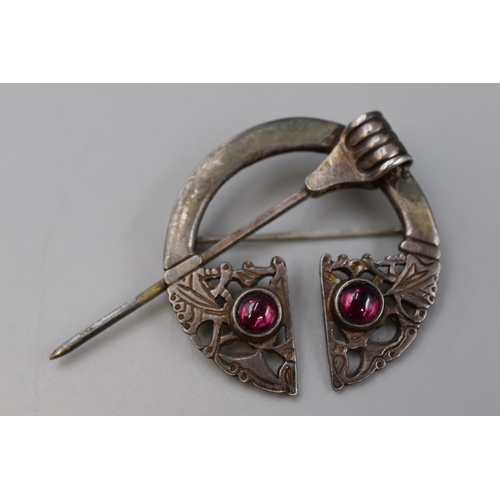 44 - A 925. Silver Celtic Style Purple Stoned Brooch, Marked DMG