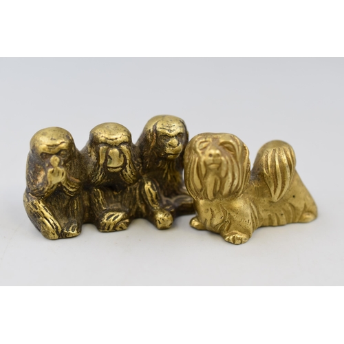 255 - A Brass See No Evil Monkeys Figure, With Miniature Brass Dog Figure. Approx 1.5