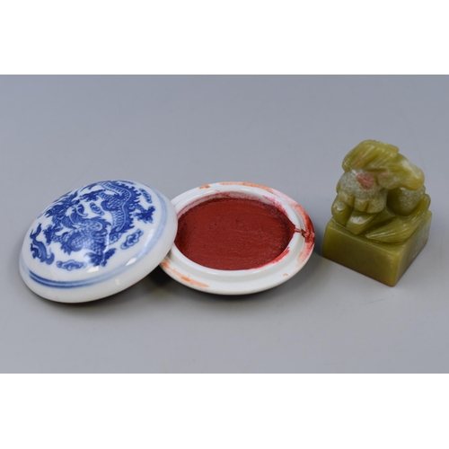 258 - Chinese Jade Stone Seal with Red Ink in Original Box