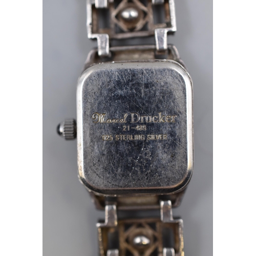 52 - Marcel Drucker 21-489 Solid 925 Sterling Silver Ladies Wrist Watch (1 Stone Missing/ Working)