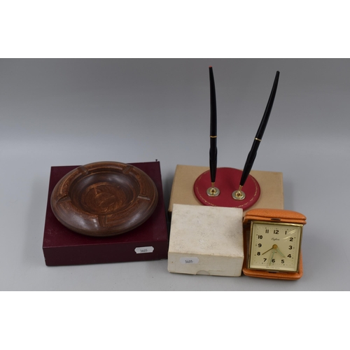 277 - Permali Wooden Ashtray, with a Safari travel Clock and Desk Pen set (All in Original Boxes)