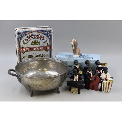 283 - Lladro Daisa Dog Figure with Box, Six Piece Jazz Band, Hand Beaten Argent Pewter Bowl (8