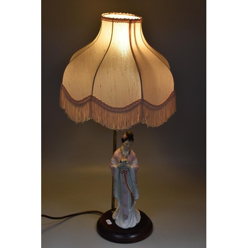 705 - Vintage Ceramic Japanese Geisha Girl Figurine Brass Table Lamp Complete With Shade, approx 24