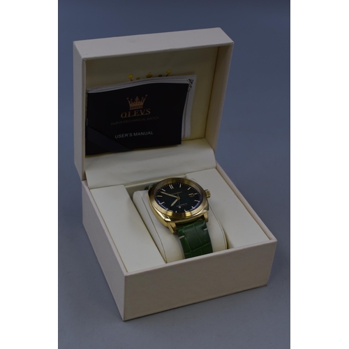 110 - Brand New Boxed Olevs Water Resistant Time and Date Clear Backed Mechanical Movement Watch complete ... 