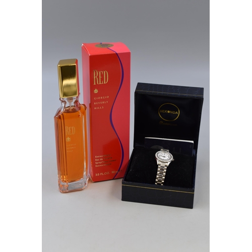 158 - Ladies Sekonda Watch with Case and Booklet together 90ml Bottle of Red Perfume