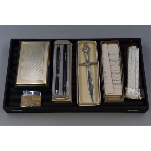 161 - Mixed Selection Including Cigarette Case, Pen set, Letter Opener, and Slide Rule