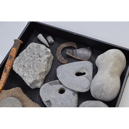 167 - Collection of old stone tool heads, pottery and iron