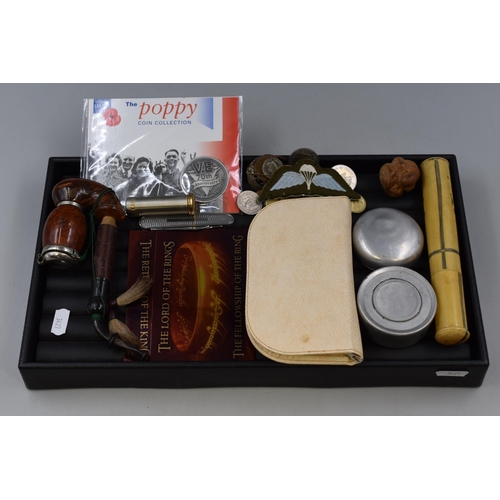 168 - A Mixed Selection To Include Mixed Coinage, Vintage Manicure Set, Travel Cups, Smoking Pipe and More