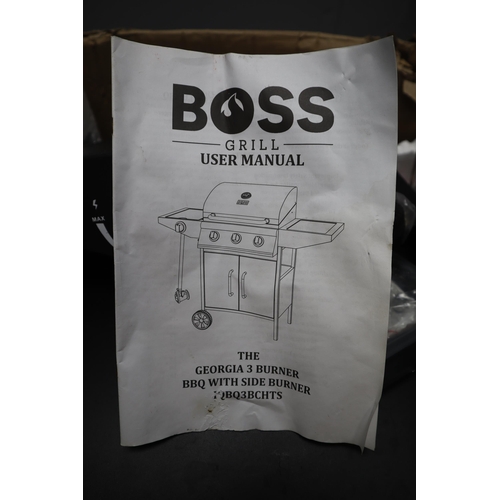 793 - Boss grill 3 gas burner with side hob BBQ (as found un tested)