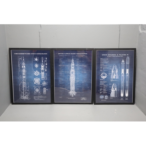 Framed and Glazed Rocket Blue Prints to Include Falcon 9, Space X and Other