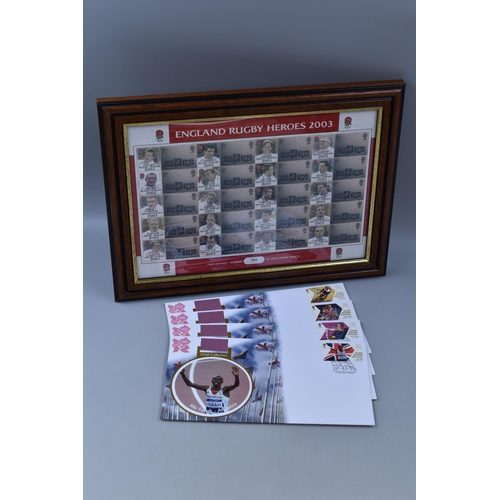 197 - Collection of Olympic First day Covers and Framed and Glazed England Rugby Heros 2003 Stamps