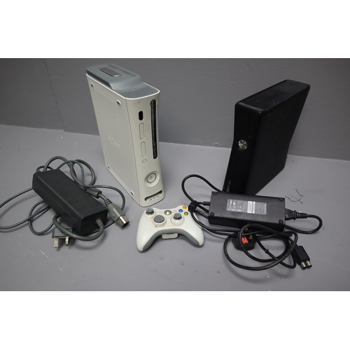 591 - Two Xbox 360 Consoles (One Powers On, The Other is Spares or Repairs), With Various Leads, And Contr... 