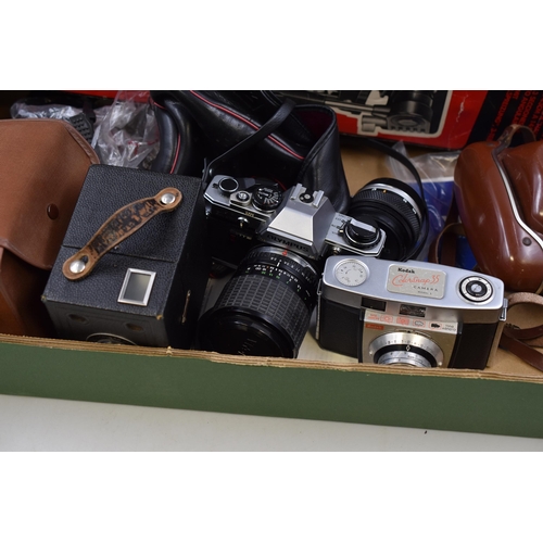 546 - A Selection of Cameras and Camera Accessories To Include Olympus OM10, Kodak Brownie, Tripod, Flash ... 