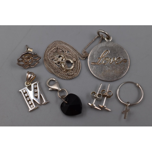 224 - A Selection of 925. Silver Jewellery Pieces To Include Necklace Chain, Cz Stoned 'M' Pendant, 'Love'... 