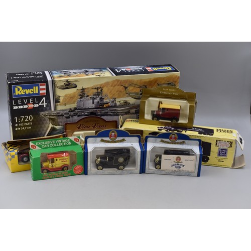 603 - A Selection of Die Cast Vehicles And Model Kit (Appears Complete) To Include USS Tarawa, Corgi Class... 