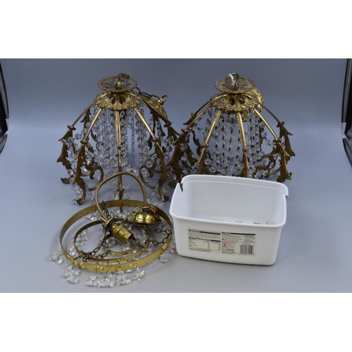 780 - A Pair of Art Nouveau Style Brass Light Pendants With Crystal Drops, And Brass Crystal Drop Concentr... 