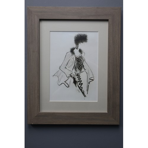 787 - Three charcoal sketches (possible fashion sketches) in beach wood frames, signed by designer (19