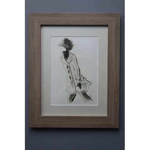 787 - Three charcoal sketches (possible fashion sketches) in beach wood frames, signed by designer (19