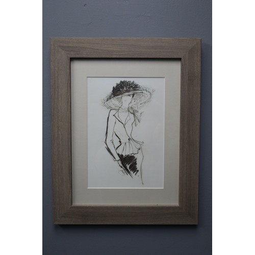 787 - Three charcoal sketches (possible fashion sketches) in beach wood frames, signed by designer (19