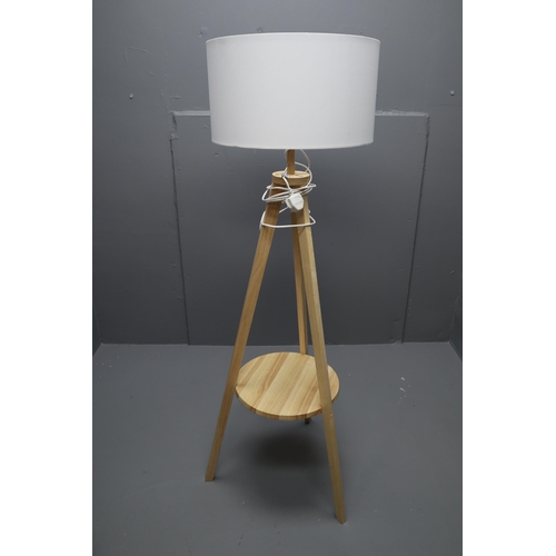 791 - Light Wood Tripod Floor Lamp with Large Reni Shade - Working when Tested