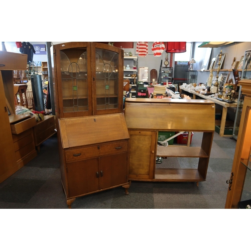 685 - A Handcraft Large Bureau Bookcase with Drop Down Leaf Internal Sectional Storage, Side Cupboard and ... 