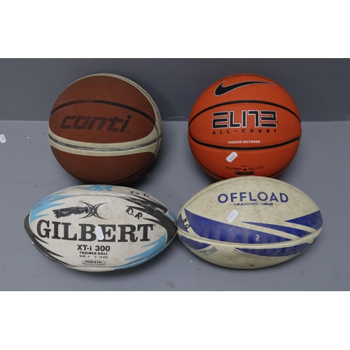 645 - Two basket balls Elite All Court and Conti 1500 pro and two rugby balls Offload training 100 and Gil... 