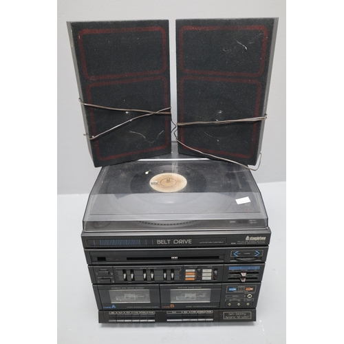 651 - Steepletone Dual Cassette Record Player Complete with Speakers (Powers on When Tested)