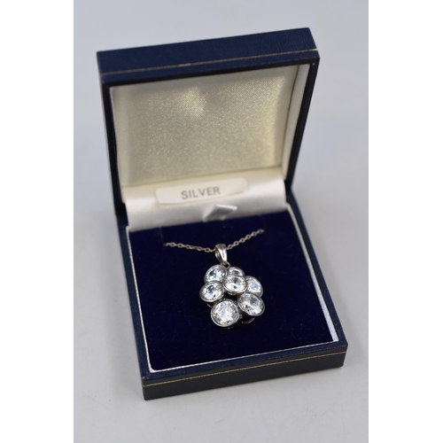 86 - A 925. Silver Clear Stoned Cluster Pendant Necklace, In Presentation Box