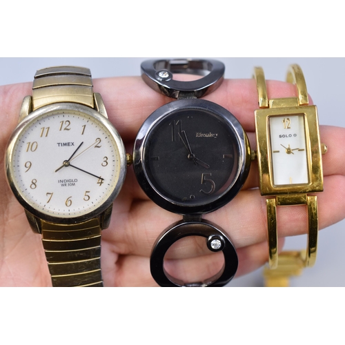 275 - Three Designer Quartz Watches To Include Timex Indiglo. Henley, And Solo. Working