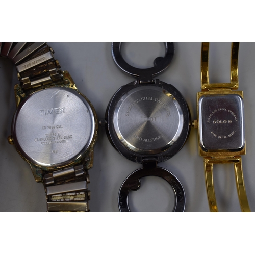 275 - Three Designer Quartz Watches To Include Timex Indiglo. Henley, And Solo. Working