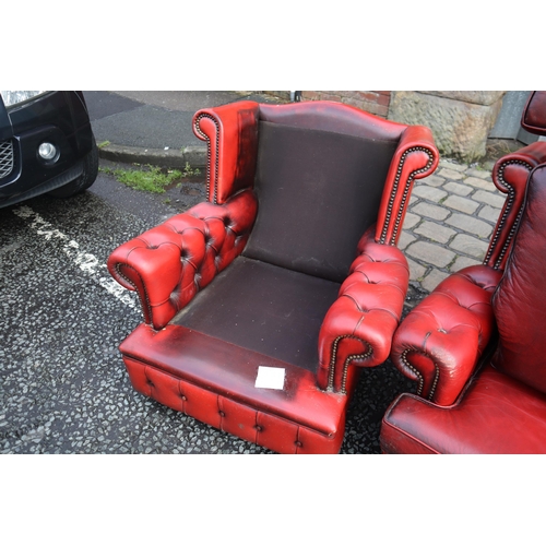 666 - Vintage Buttoned Rolled Arm Pair of Leather Chesterfield Chairs in Oxblood on Castors a/f approx 33