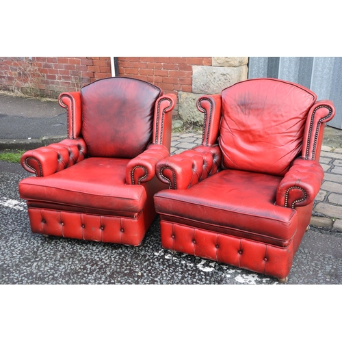 666 - Vintage Buttoned Rolled Arm Pair of Leather Chesterfield Chairs in Oxblood on Castors a/f approx 33