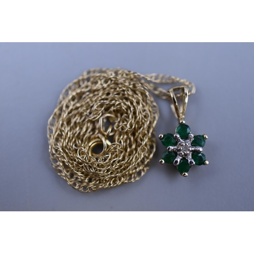 8 - A 9ct Gold Necklace Chain, With Unmarked Gold Tone Green and Clear Stoned Pendant