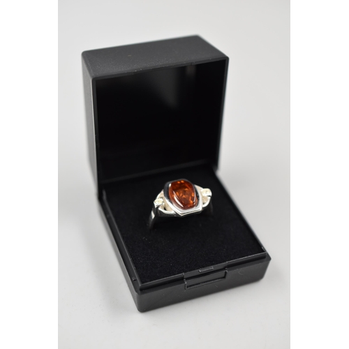 10 - Silver 925, Amber Stoned Ring Complete in Presentation Box. Size T